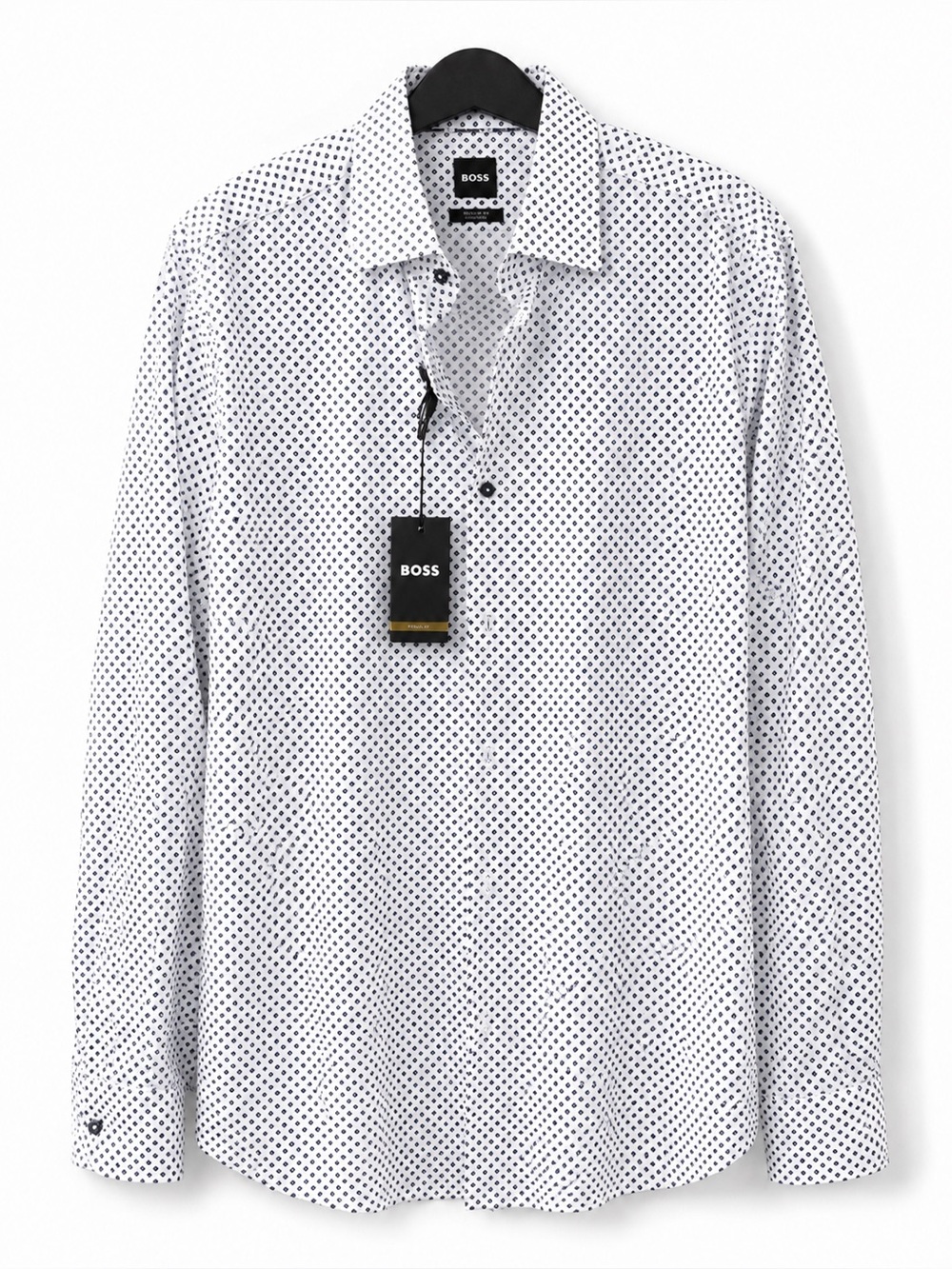 BOSS Men’s Regular Fit Stretch Dress Shirt White Black Geometric Print L